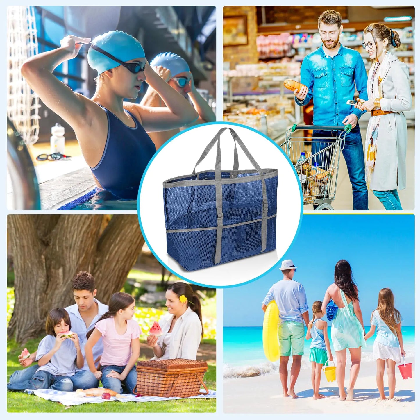 Mesh Beach Bag - Large Beach Tote Bag for Family Beach Bag for Toys & Vacation Essentials Blue