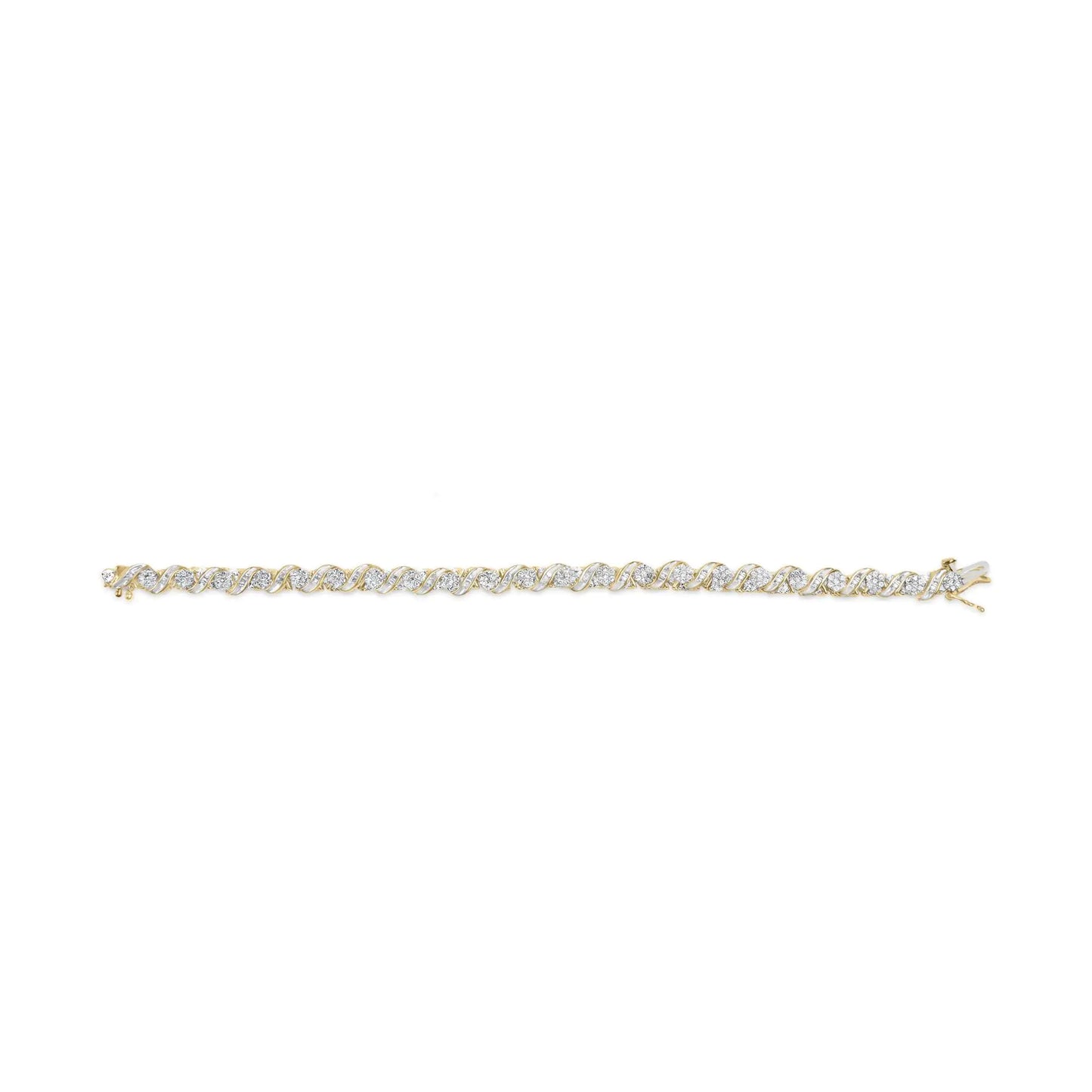 10K Yellow Gold 2.00 Cttw Round-Cut and Baguette-Cut Diamond Floral Design Swirl Link 7" Bracelet (I-J Color, I1-I2 Clarity)