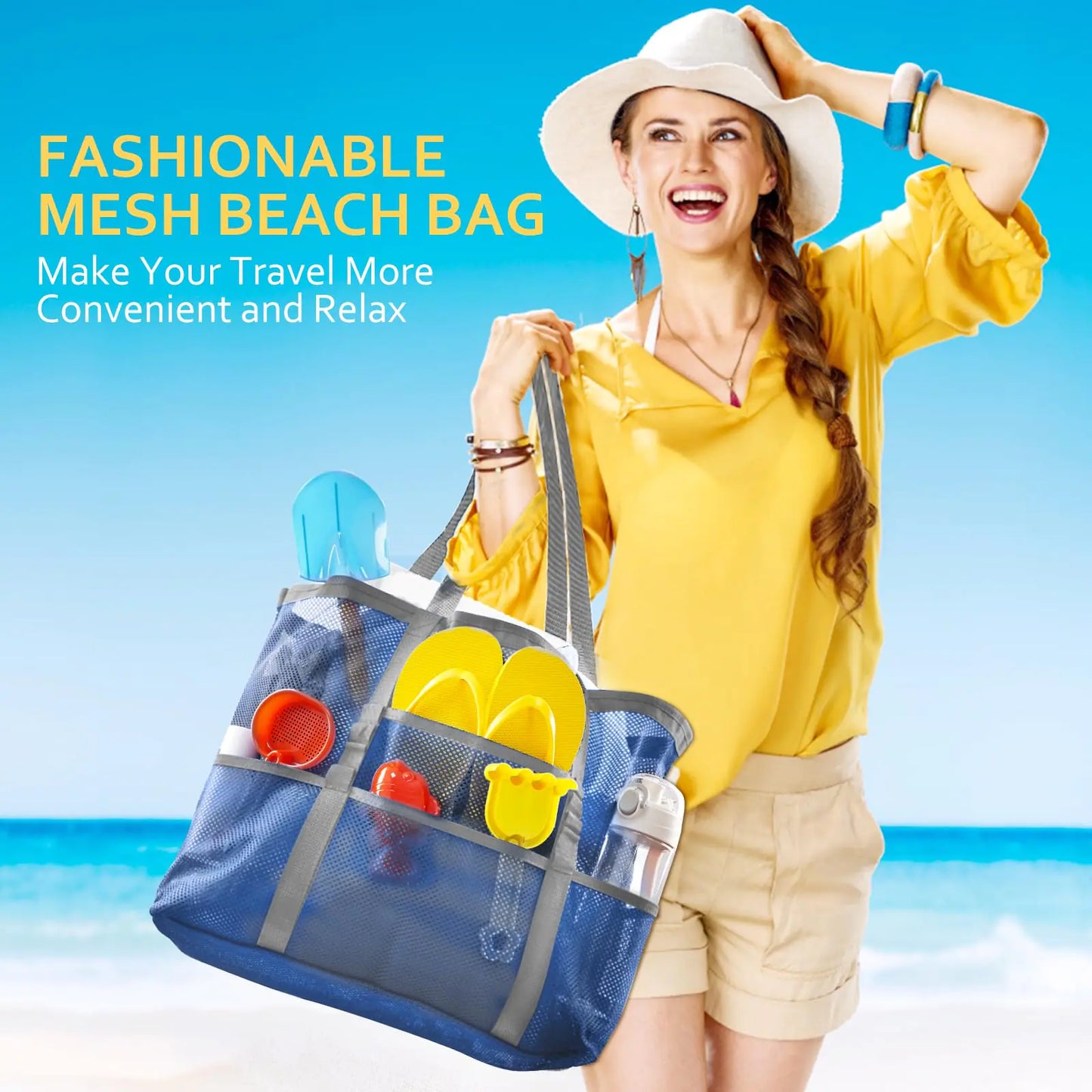 Mesh Beach Bag - Large Beach Tote Bag for Family Beach Bag for Toys & Vacation Essentials Blue