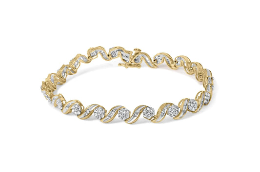 10K Yellow Gold 2.00 Cttw Round-Cut and Baguette-Cut Diamond Floral Design Swirl Link 7" Bracelet (I-J Color, I1-I2 Clarity)